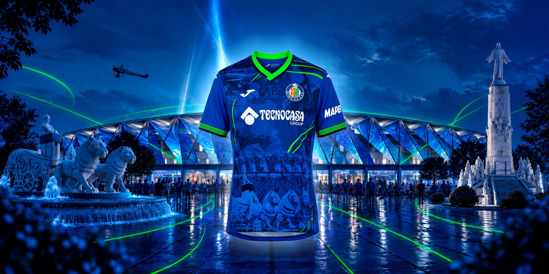 Camiseta de Europa del Getafe CF con el estadio y la Cibeles de fondo